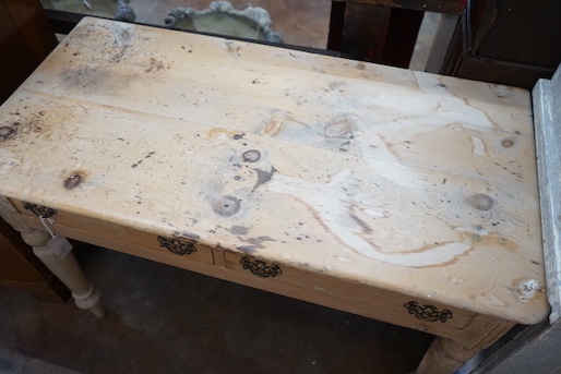 A Victorian pine two drawer side table, width 104cm, depth 52cm, height 72cm